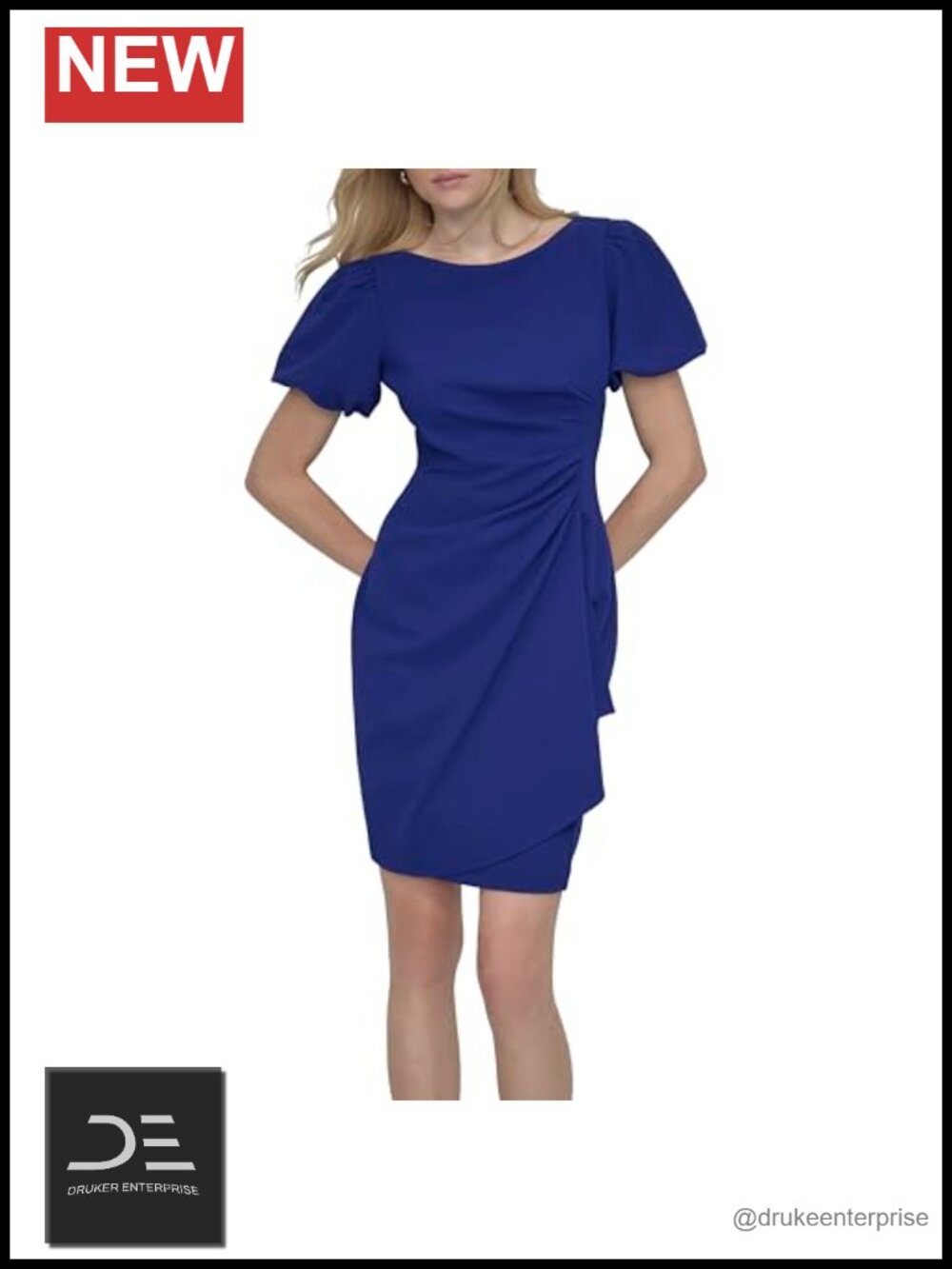 DKNY Short Sleeve Boat Neck Side Ruched Sheath Midi Dress Work
